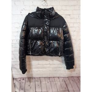 Bagatelle NYC Black Cropped Puffer Jacket Shiny Nylon Hooded Zip Size L